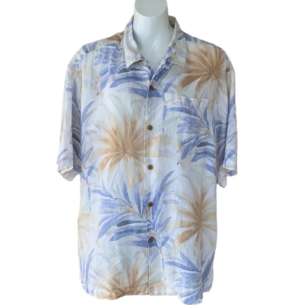 Tommy Bahama Blue and Tan Palm-Leaf Short Sleeve Button-Up Shirt
